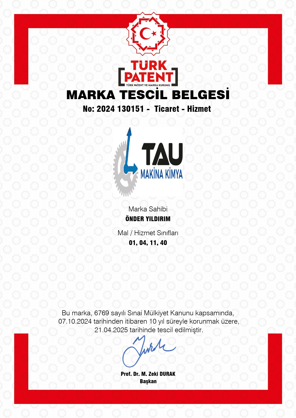 tau makina kimya marka tescil belgesi